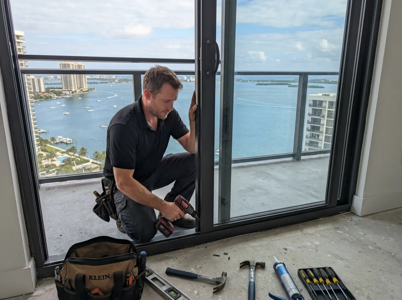 Modern Window Solutions crew installing impact sliders on an Aventura, FL condo