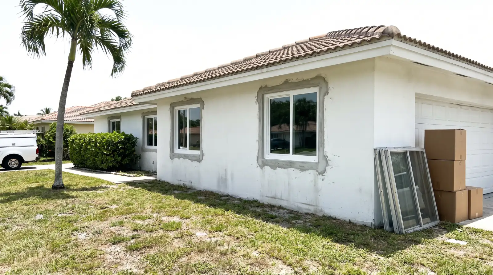 Impact windows on a concrete-block home in Boynton Beach, FL