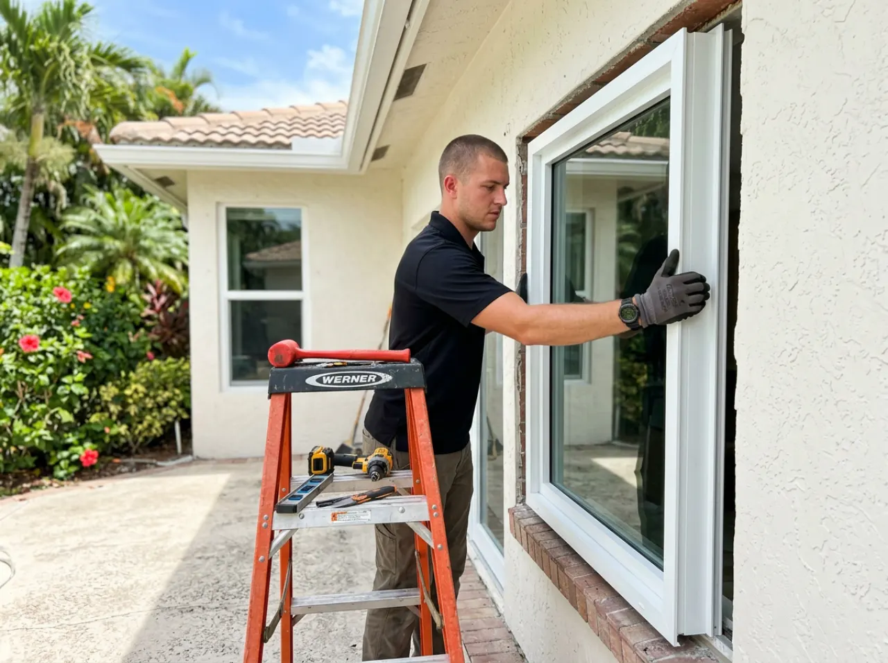 Modern Window Solutions crew fitting an impact window on a Fort Lauderdale, FL home