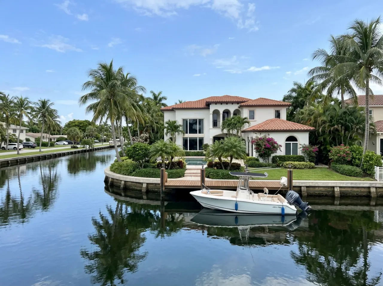 Palm-lined canal and waterfront home in Fort Lauderdale, FL