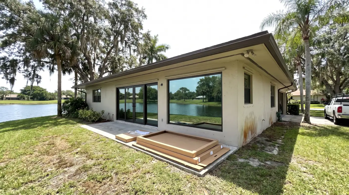 Impact windows on a home by a golf course lake in Golf, FL