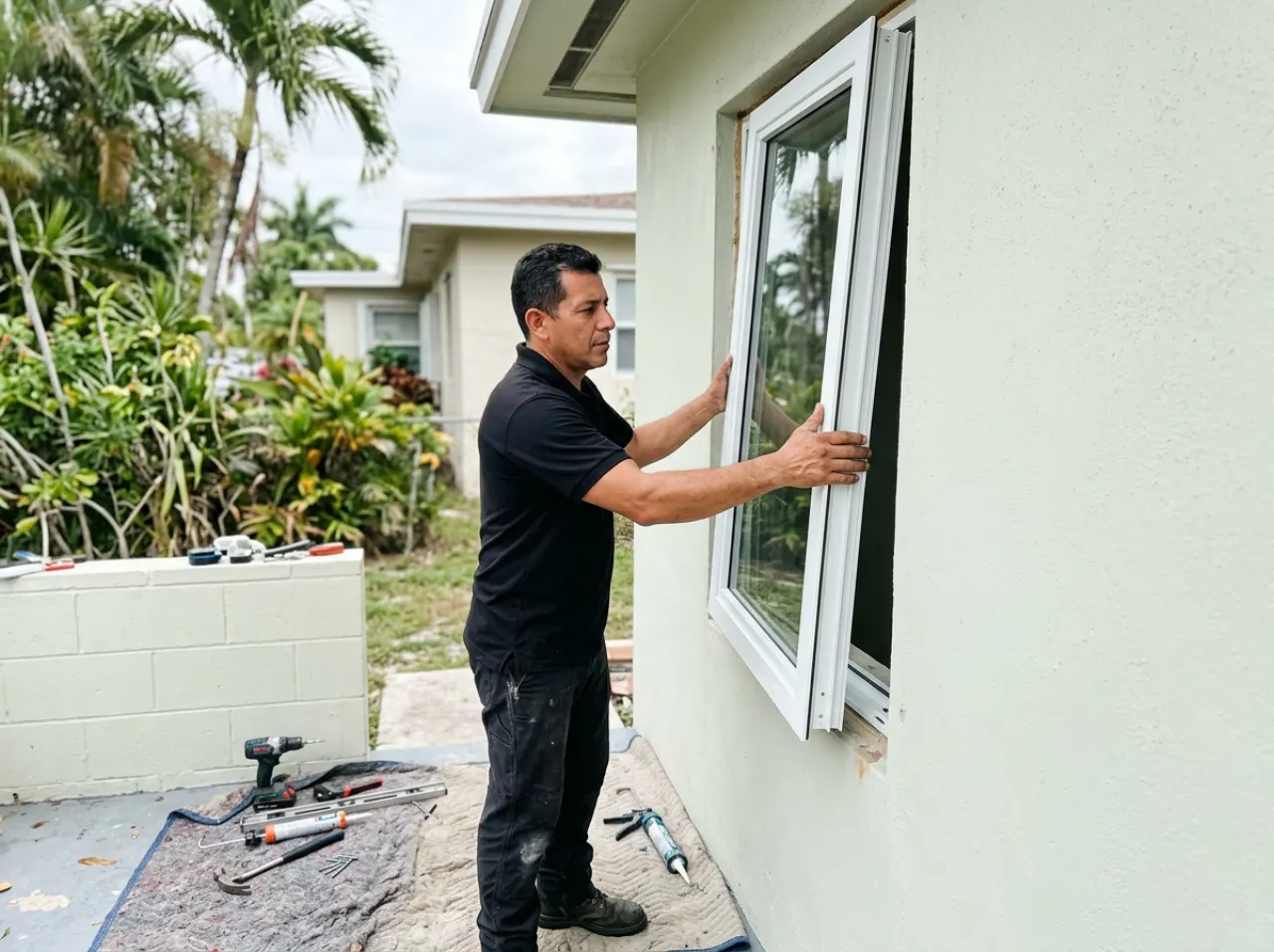 Modern Window Solutions crew installing impact windows on a Hialeah, FL home