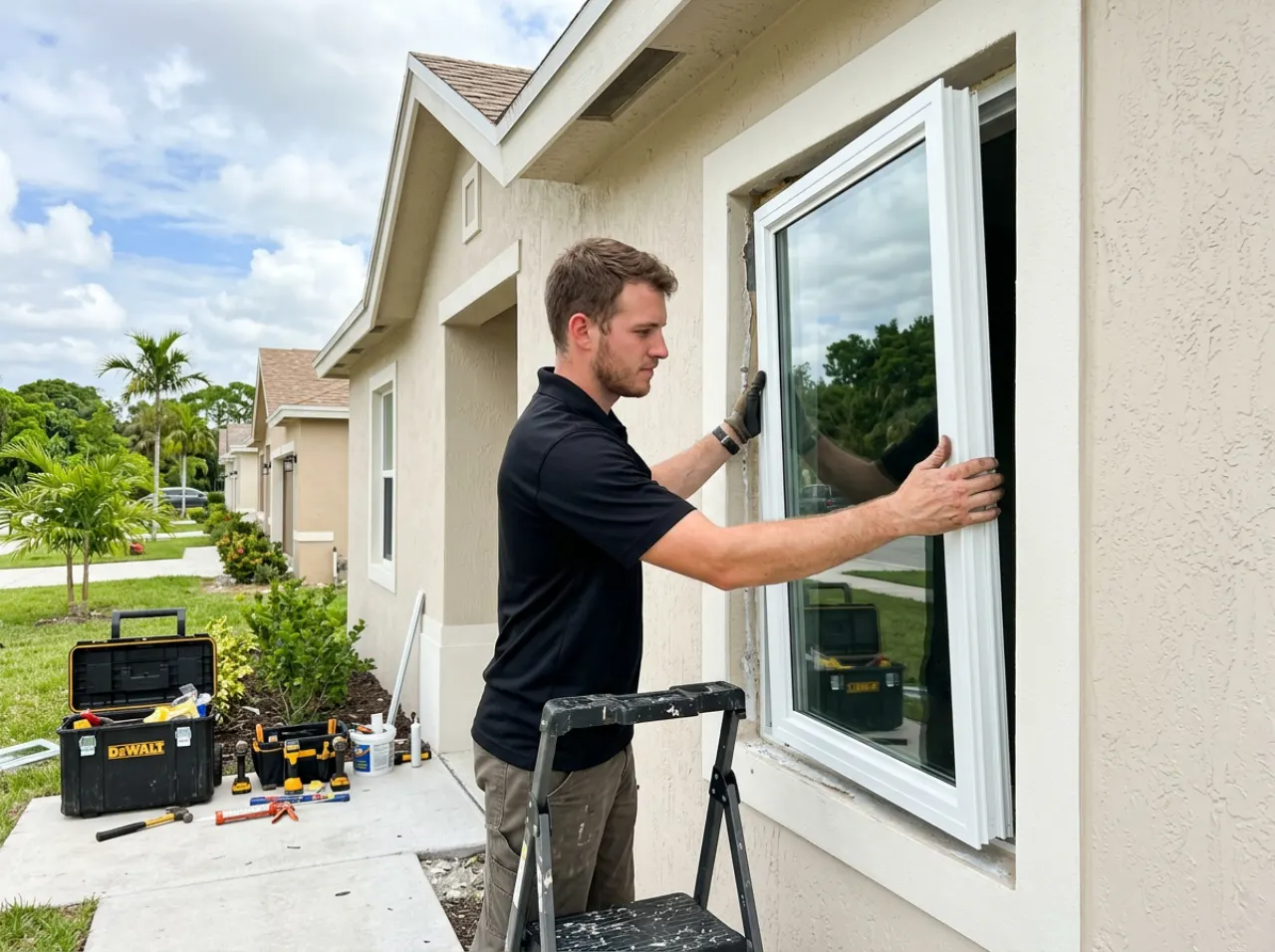 Modern Window Solutions crew installing impact windows on a Homestead, FL home