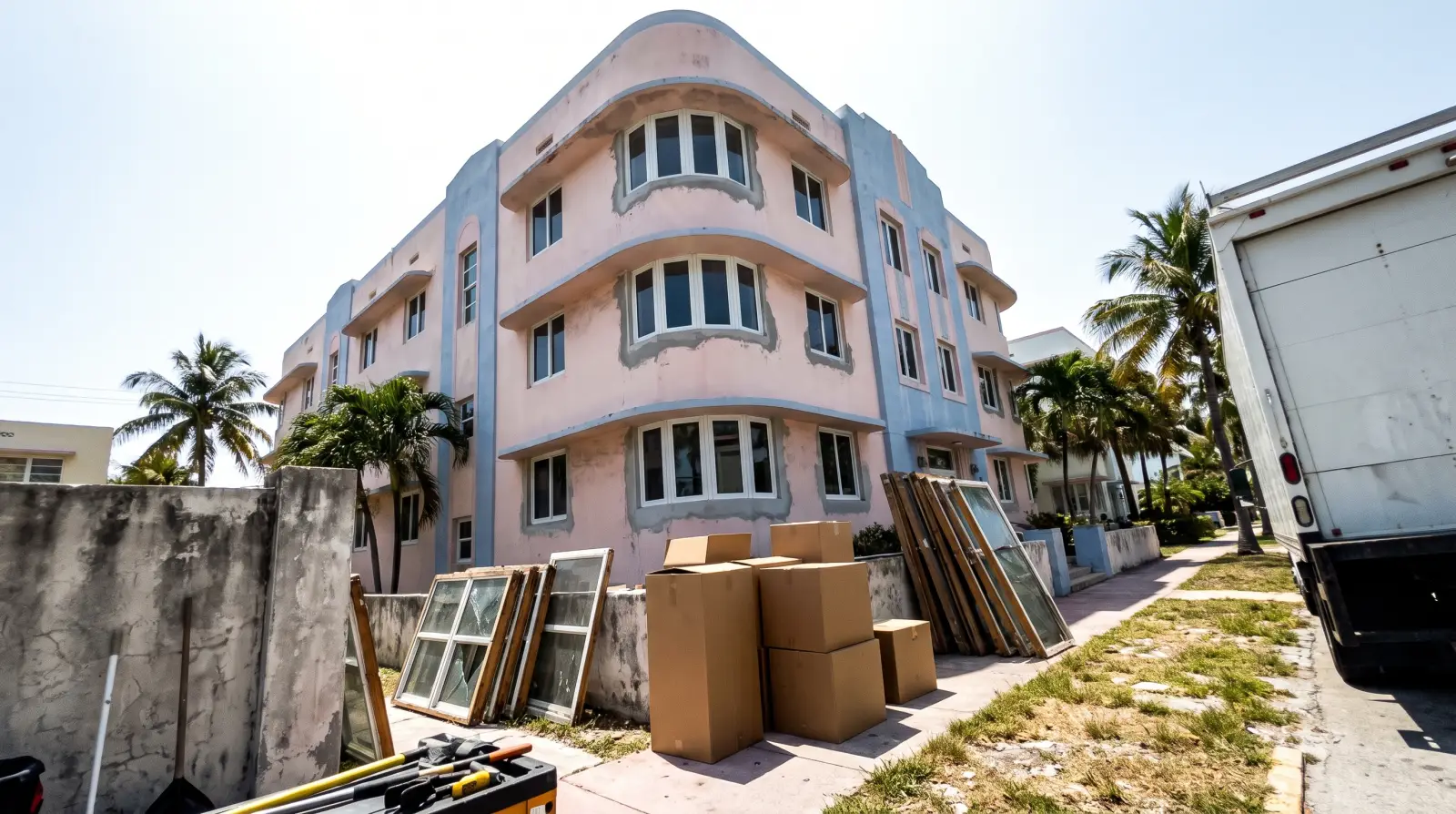 Impact windows on an Art Deco apartment building in Miami Beach, FL
