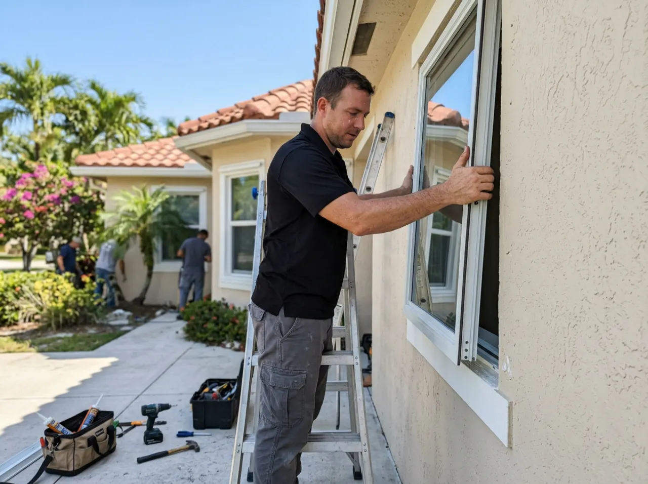 Modern Window Solutions crew installing an impact window on a Miami, FL home