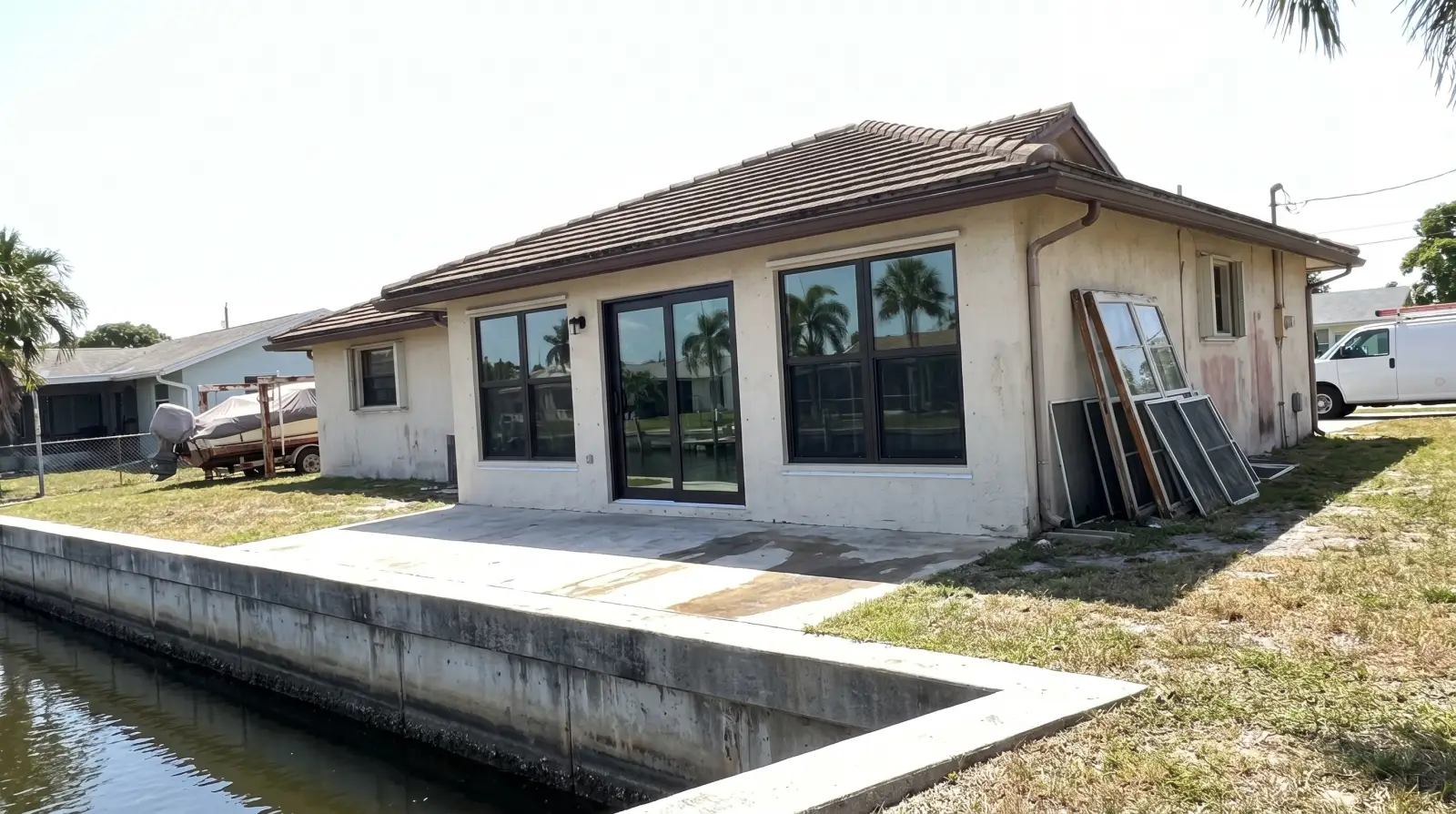 Impact windows on a canal-front home in North Palm Beach, FL