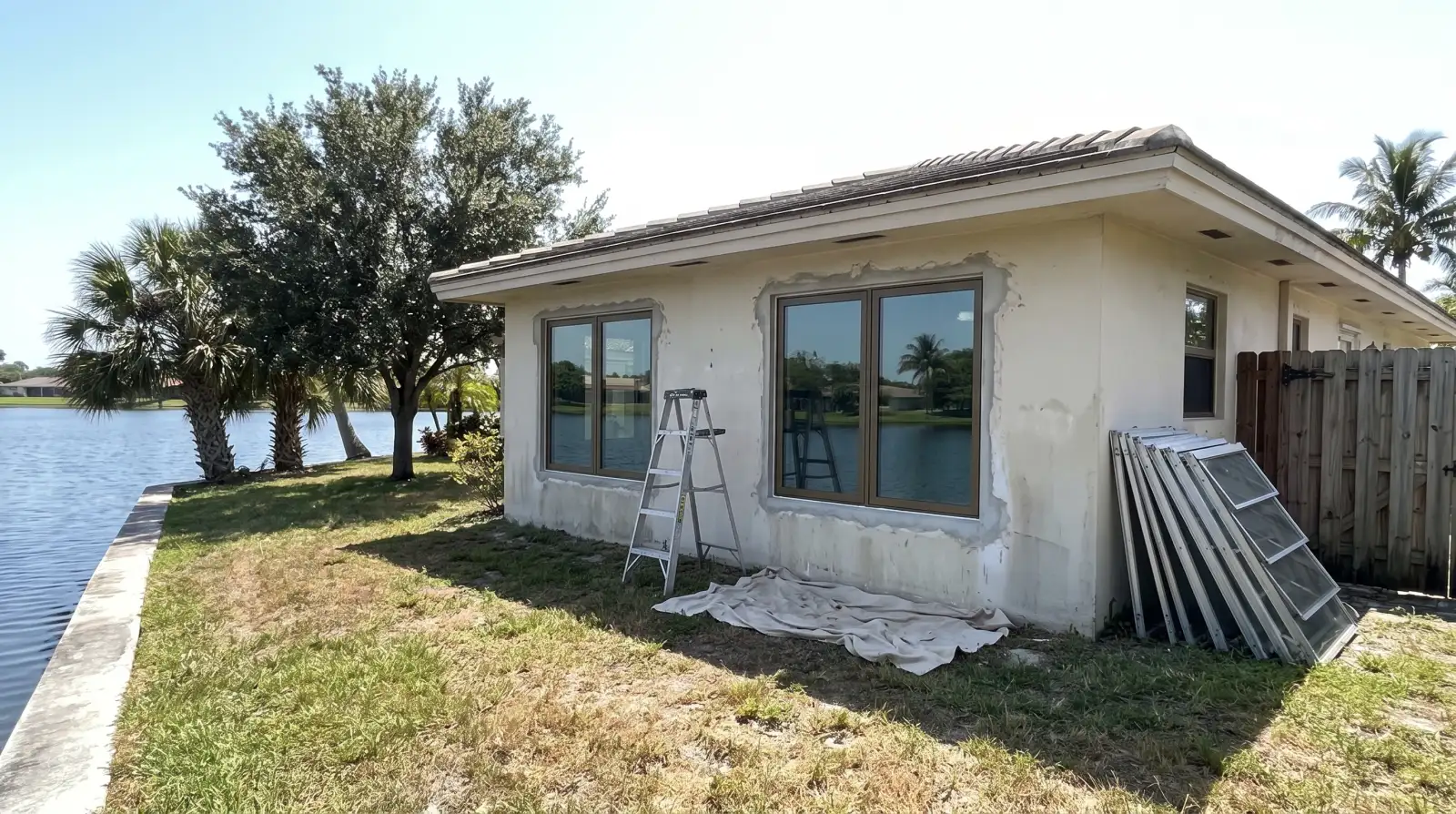 Impact windows on a 1970s home near a lake in Oakland Park, FL