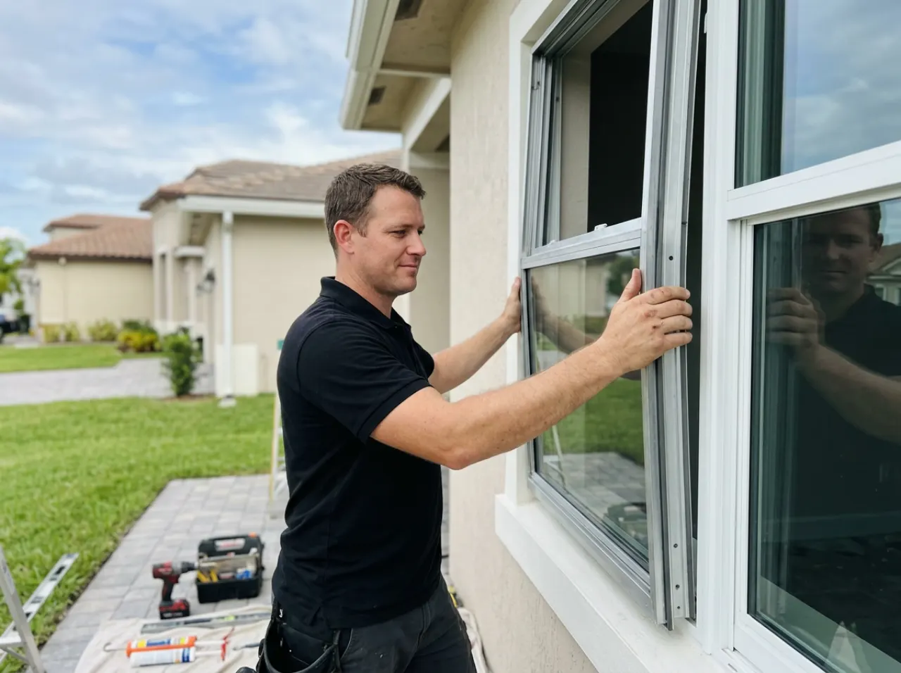 Modern Window Solutions crew installing impact windows on a Pembroke Pines, FL home