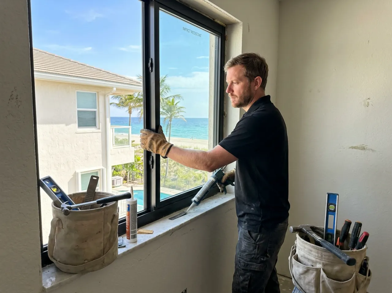 Modern Window Solutions crew installing impact windows on a Pompano Beach, FL home