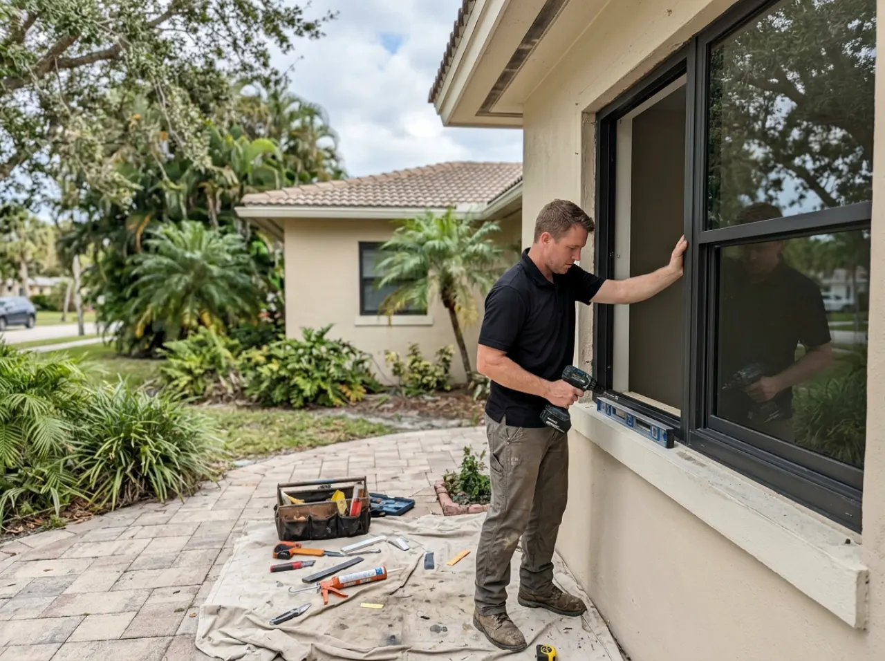 Modern Window Solutions crew installing impact windows on a West Palm Beach, FL home
