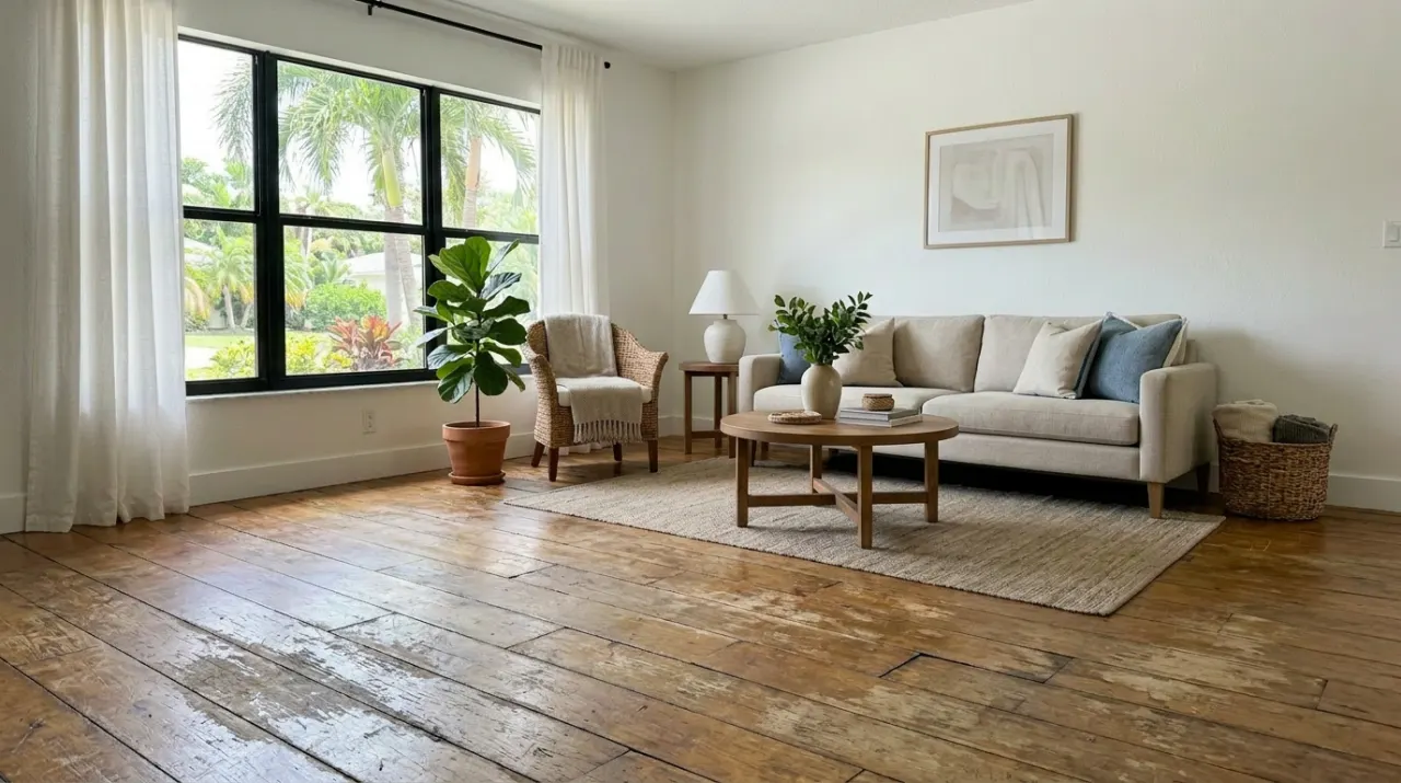 Before: old, worn flooring