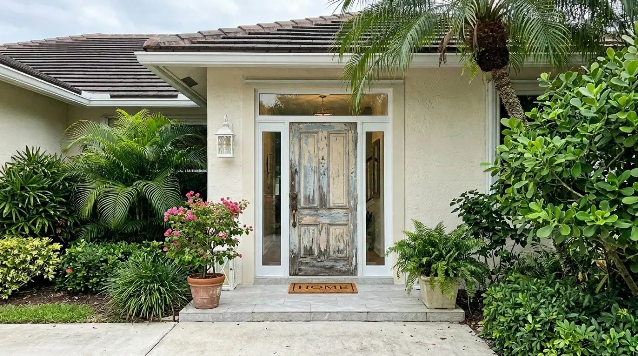 Before: old weathered, faded front door