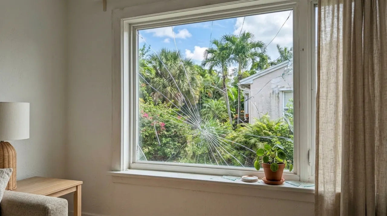 Before: cracked, broken pane