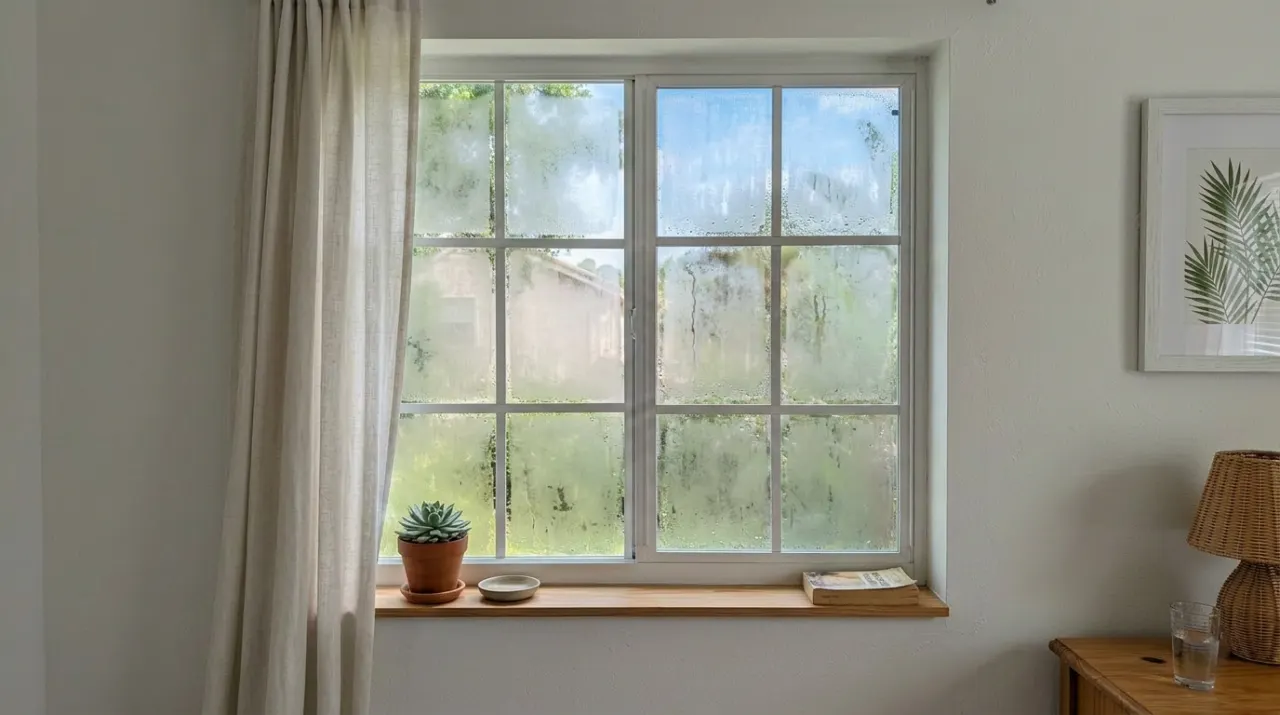 Before: foggy failed-seal glass with condensation
