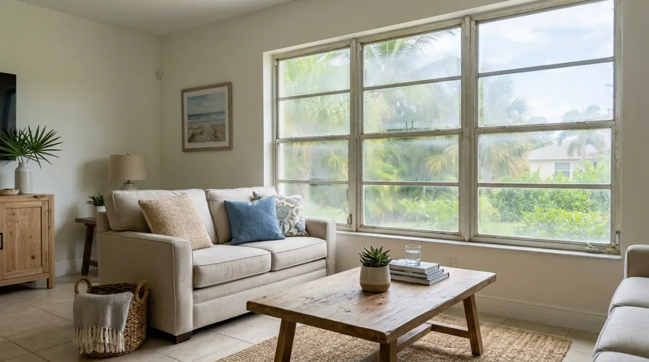 Before: old aluminum single-pane window with a dated frame
