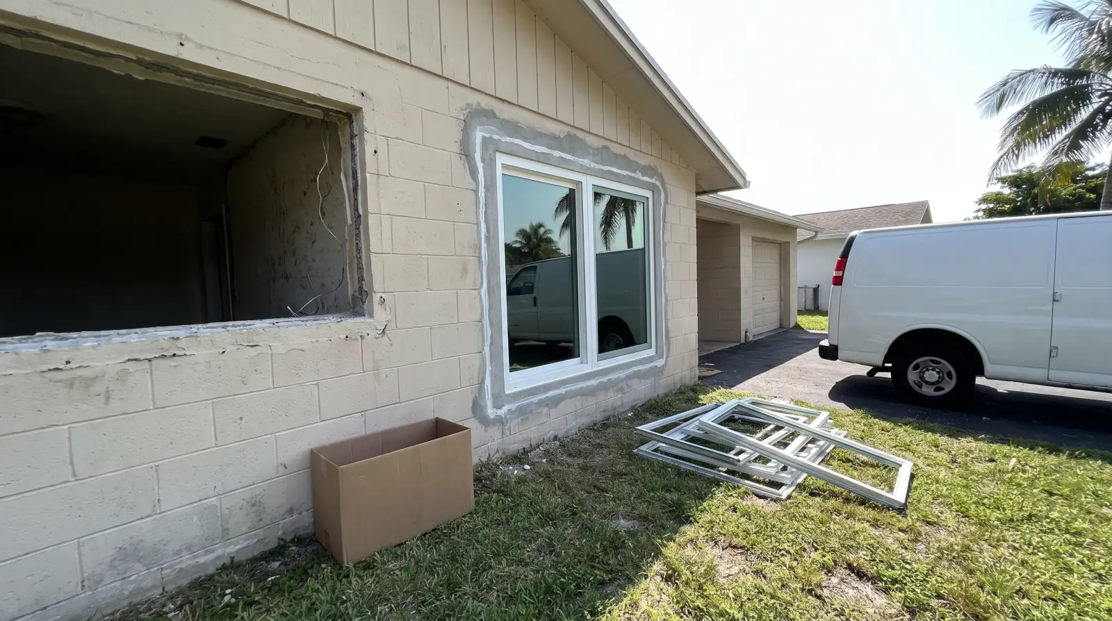Impact windows being installed on a concrete-block home in Boynton Beach, FL