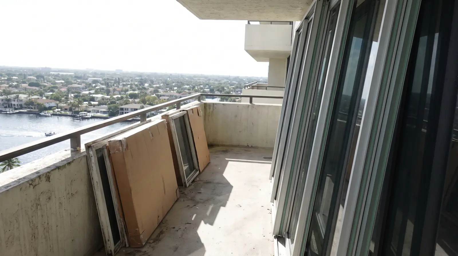 Impact sliding glass doors on a high-rise condo balcony in Highland Beach, FL