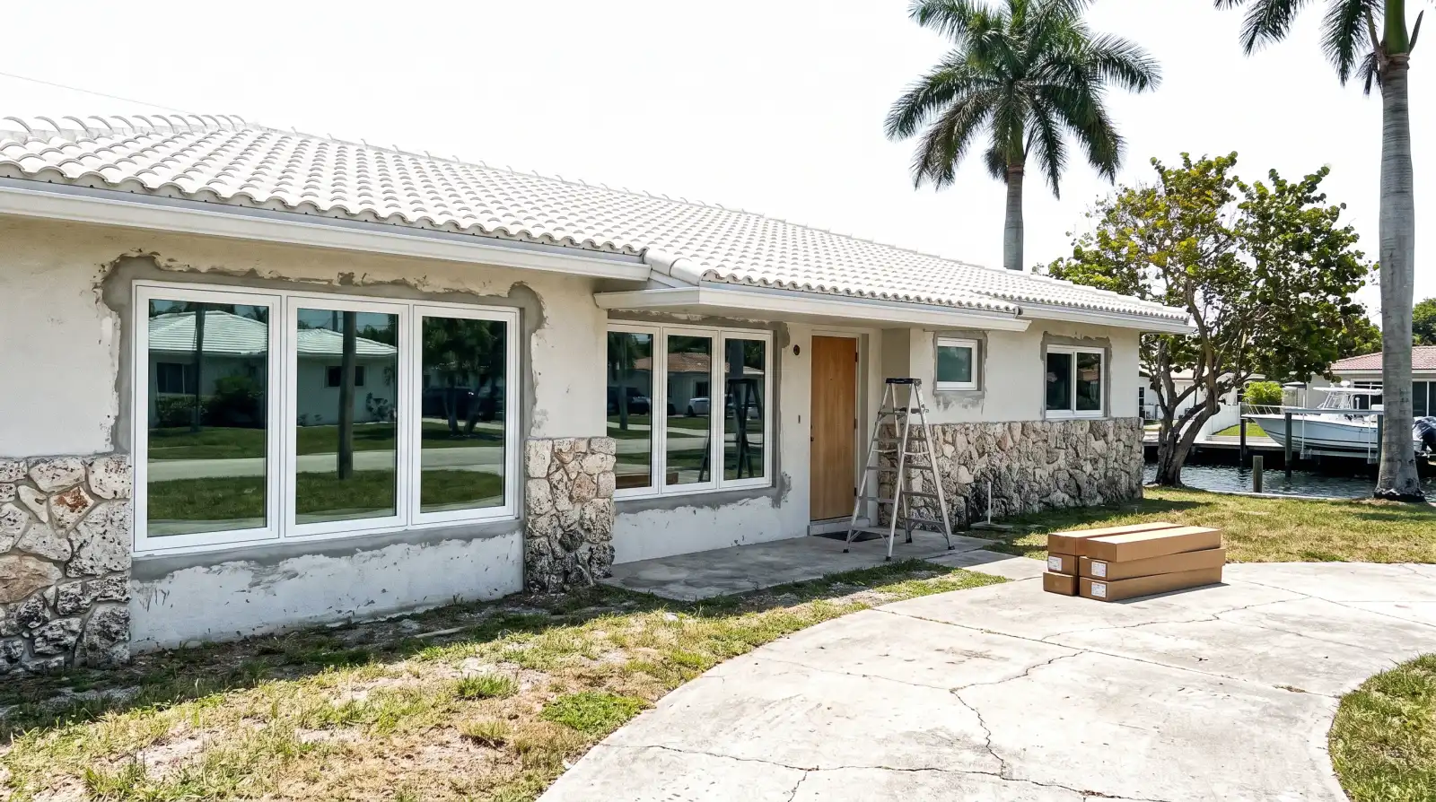 Impact windows being installed on a canal home in Lighthouse Point, FL