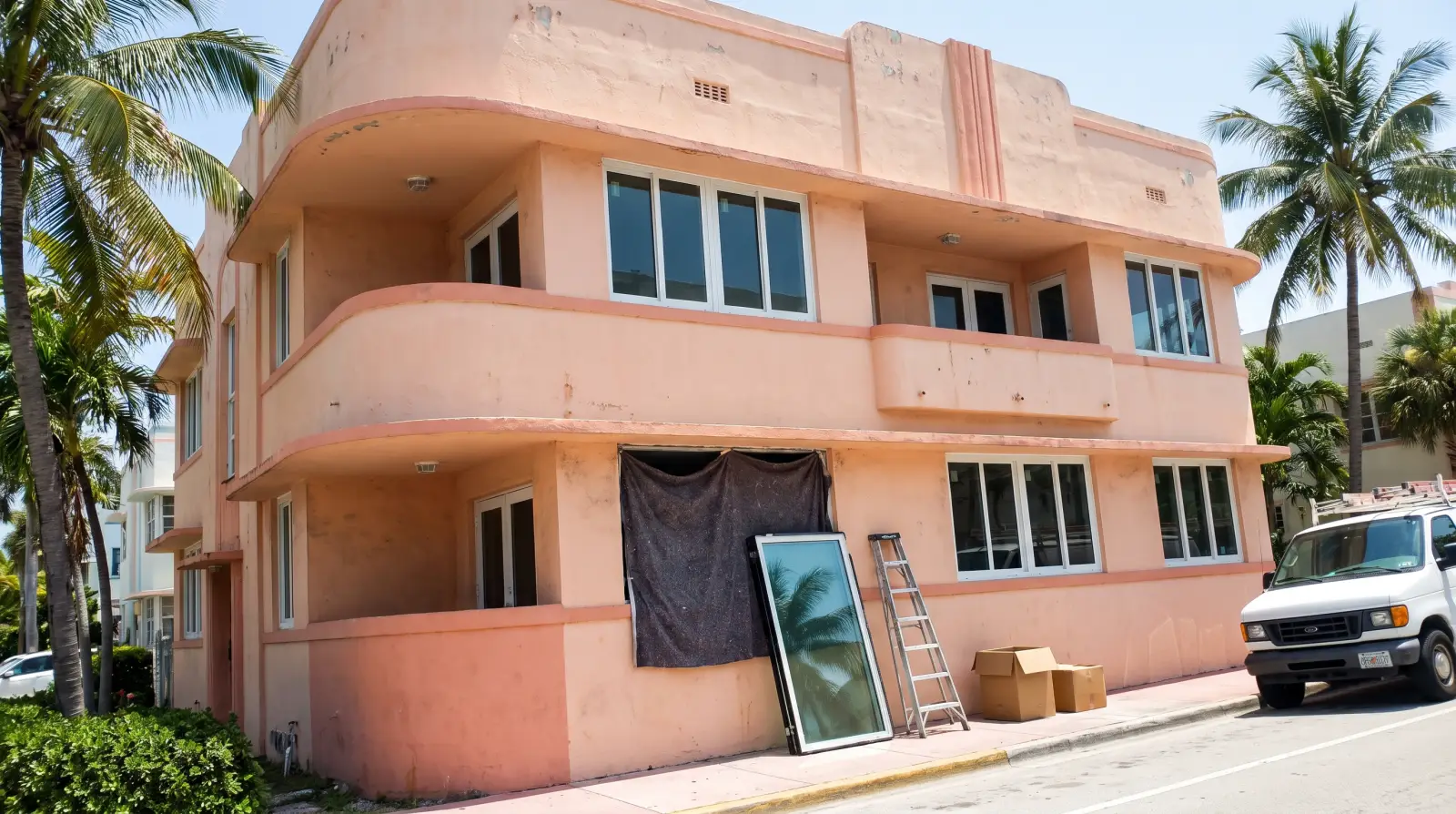 Impact windows on an Art Deco apartment building in Miami Beach, FL