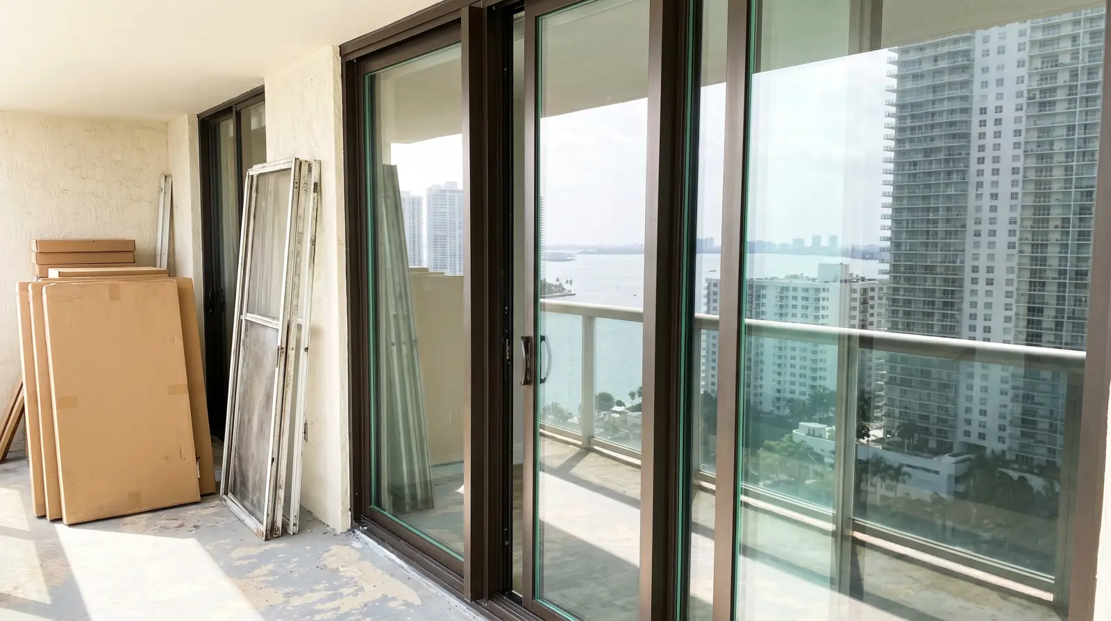 Impact sliding glass door opening onto a condo balcony in Miami, FL