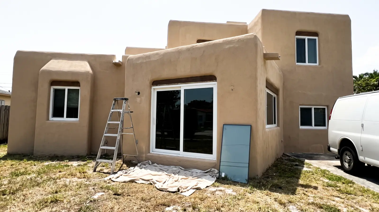 Impact windows on a Pueblo Revival style home in Miami Springs, FL