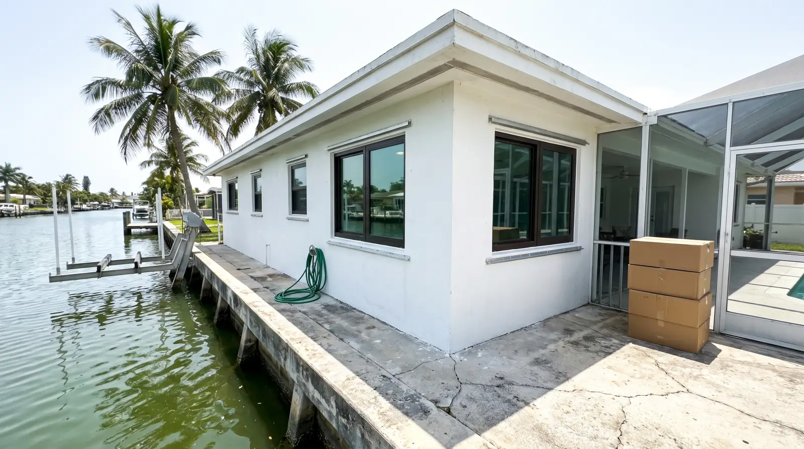 Impact windows being installed on a canal-front home in Pompano Beach, FL