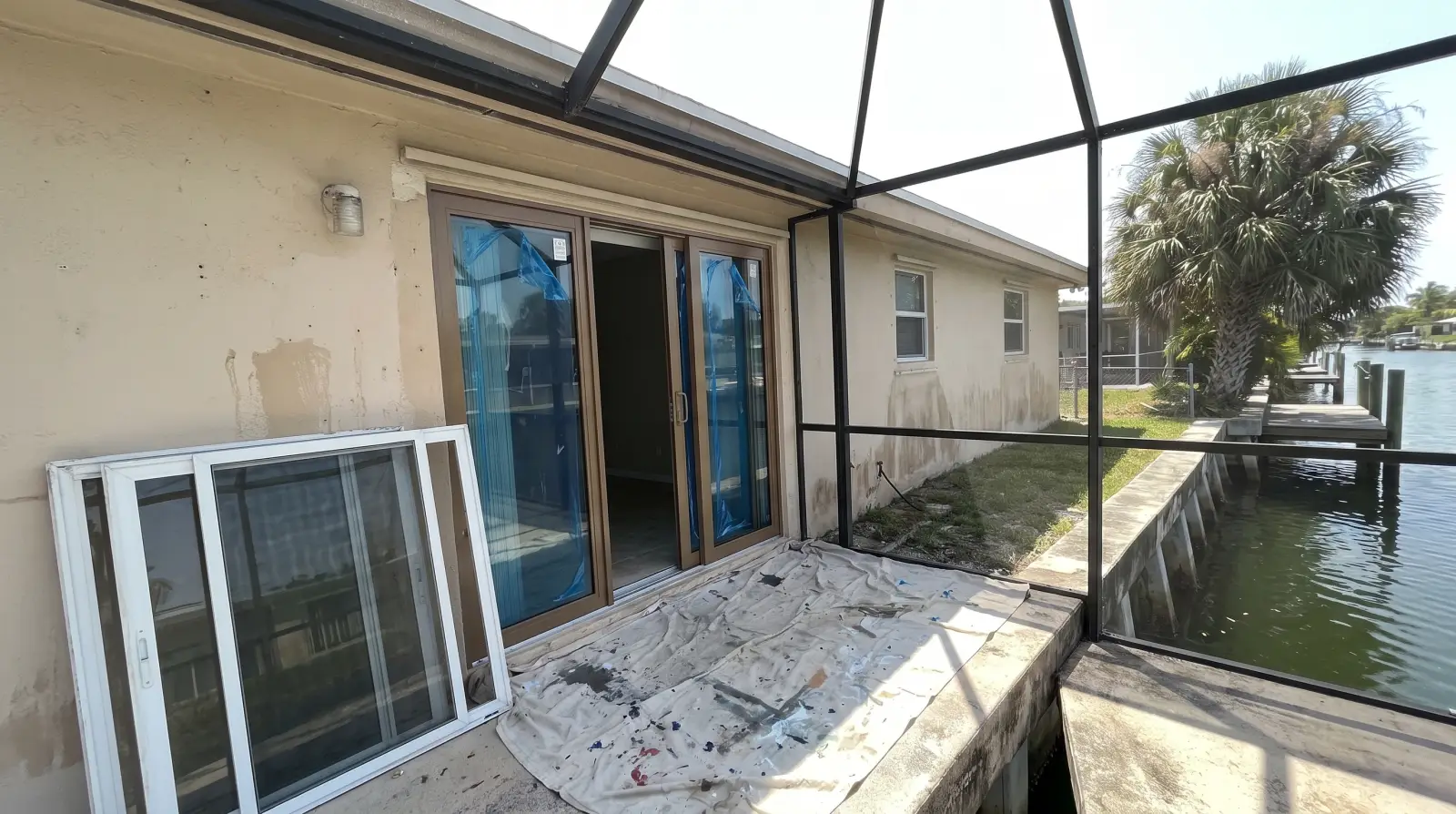 Impact sliding glass door opening onto a riverfront patio in Wilton Manors, FL