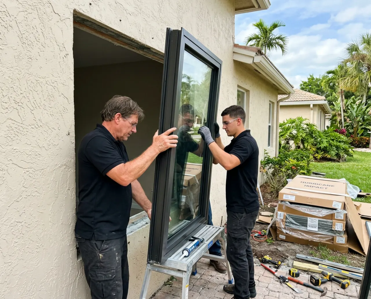 Two Modern Window Solutions installers fitting a large impact window on a real job site