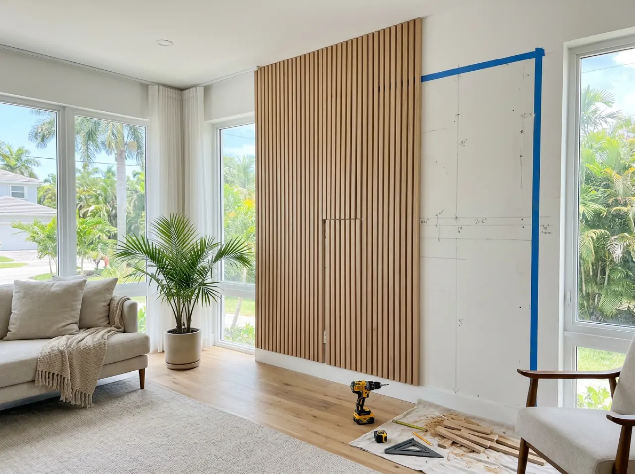 Accent feature wall going up next to large windows in a South Florida home