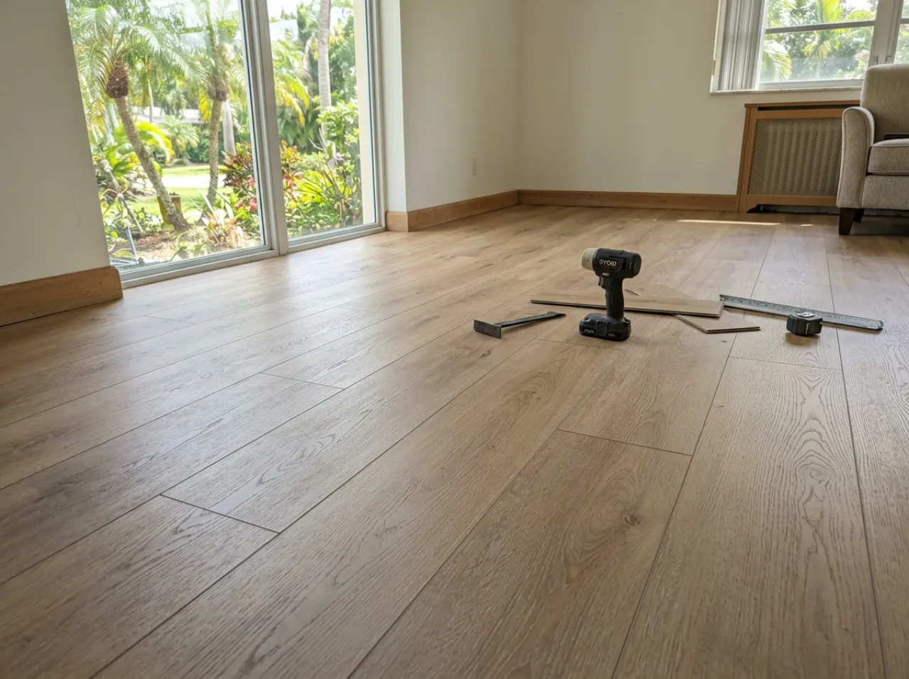 Newly installed flooring in a sunlit South Florida room