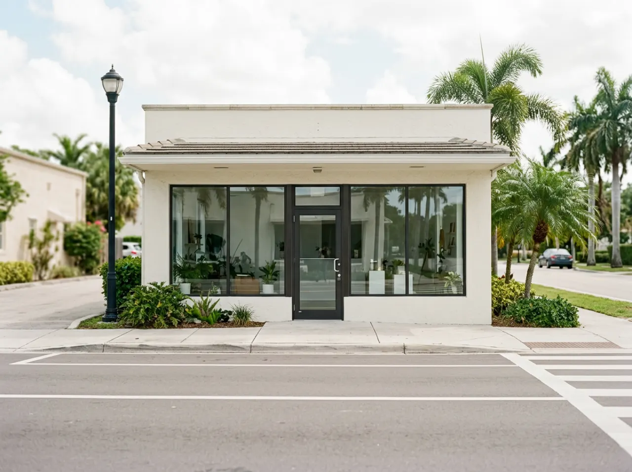 Small South Florida storefront with new impact glass panels in daytime