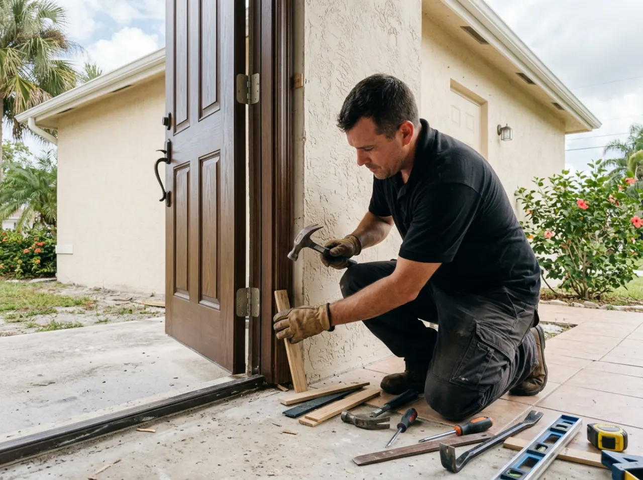 Installer fitting a new front entry door on a South Florida home