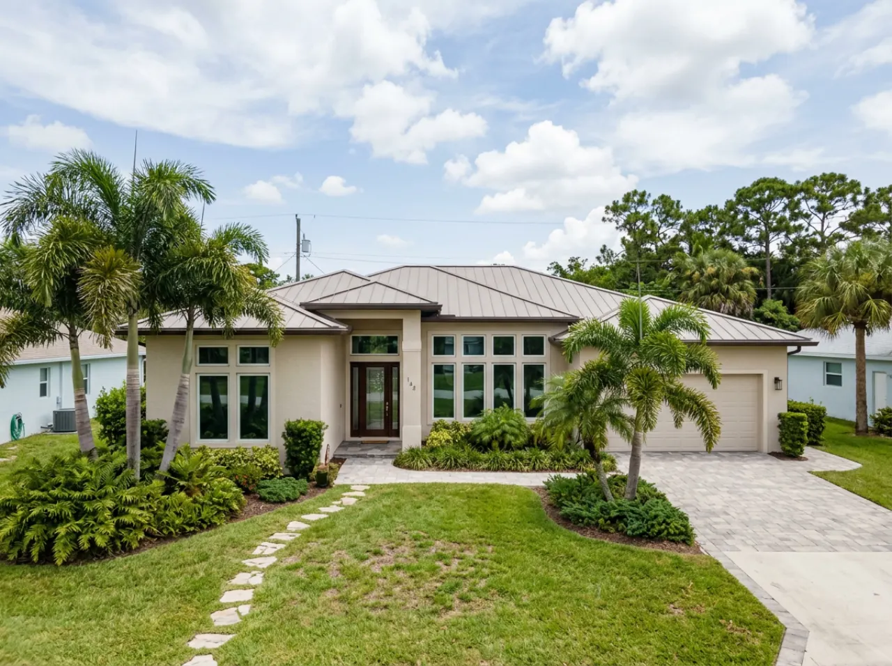 Storm-ready South Florida home with hurricane impact windows under a bright sky