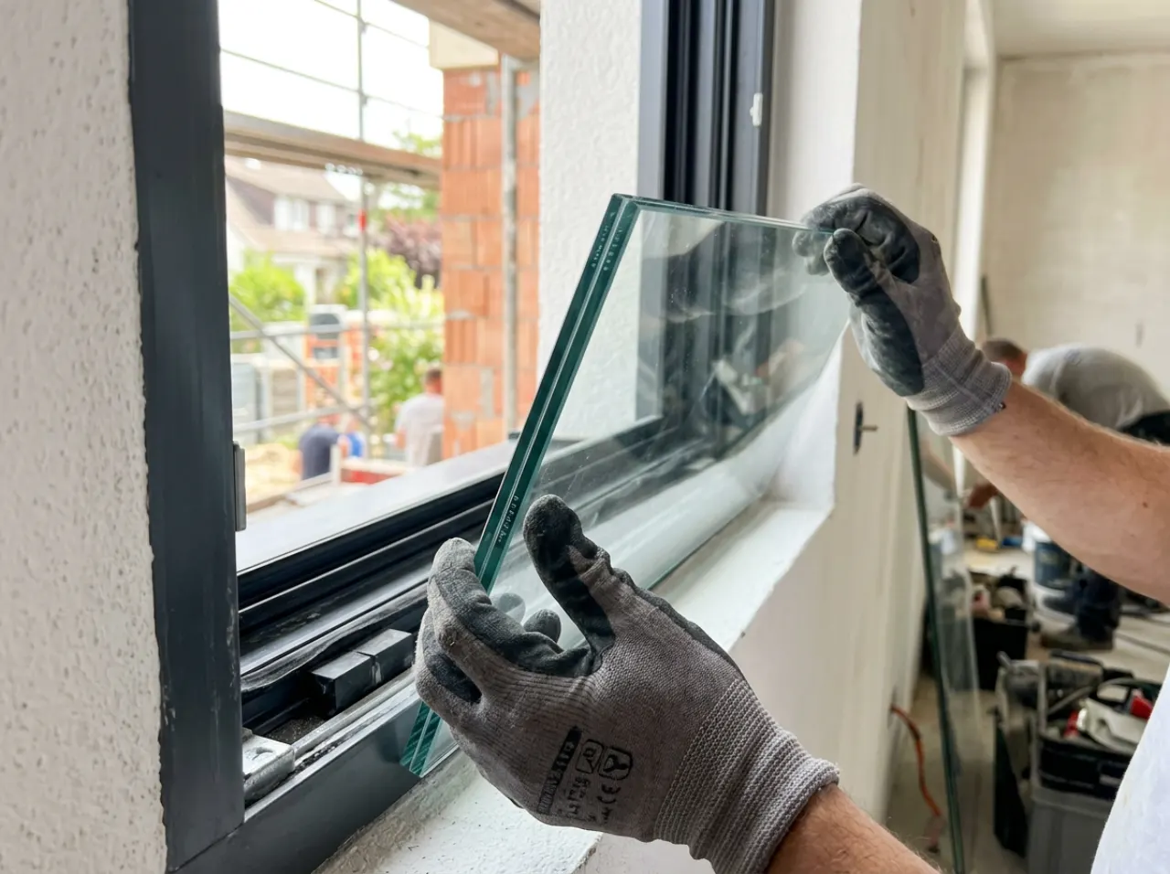 Gloved hands setting laminated impact glass into a window frame