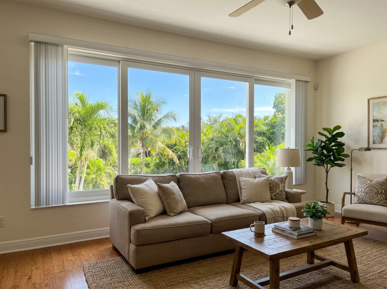 Living room with large impact windows and sun coming through in a Hollywood, FL home