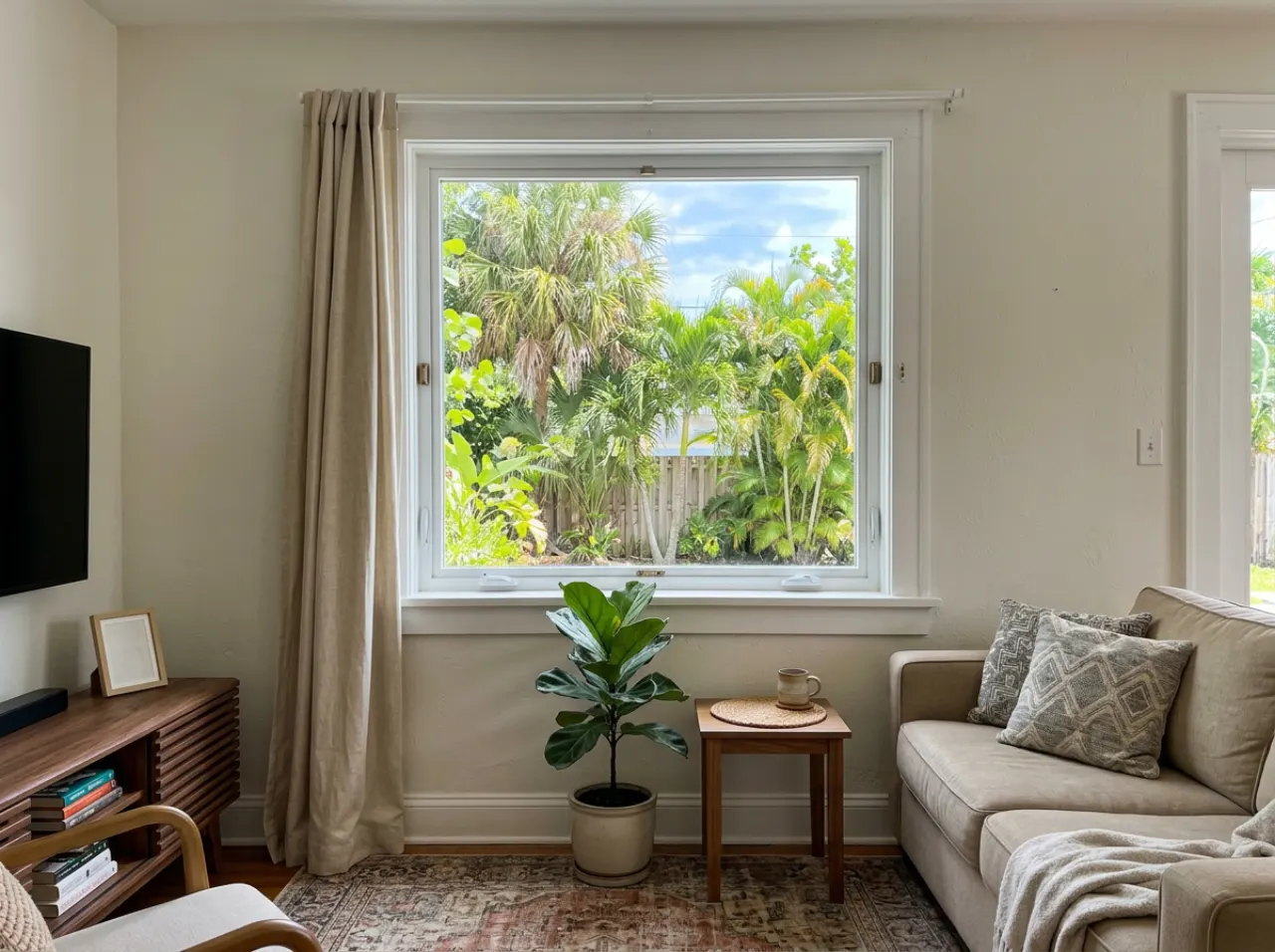 Freshly replaced clear window pane in an ordinary South Florida living room