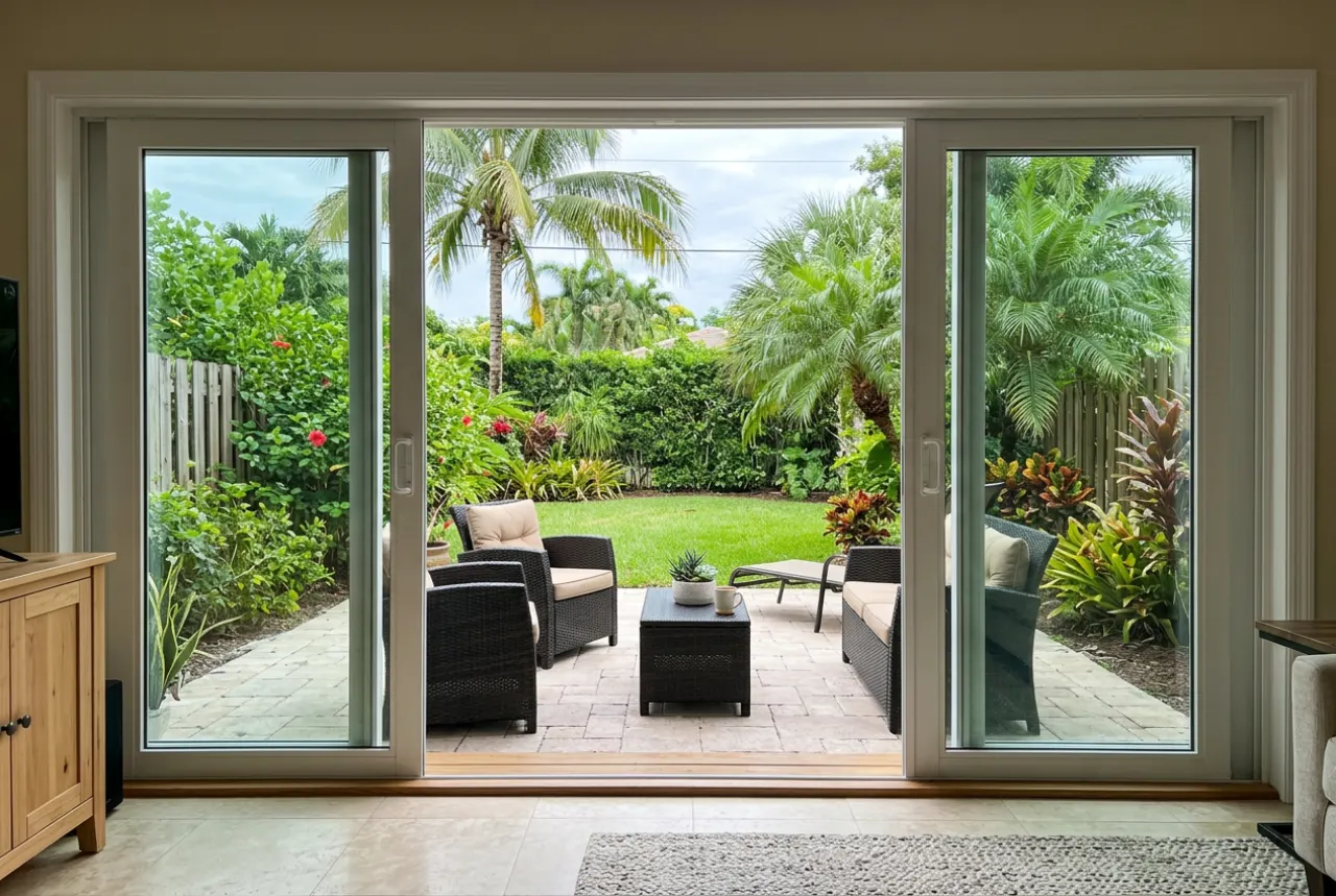 Impact sliding glass door opening to a backyard patio
