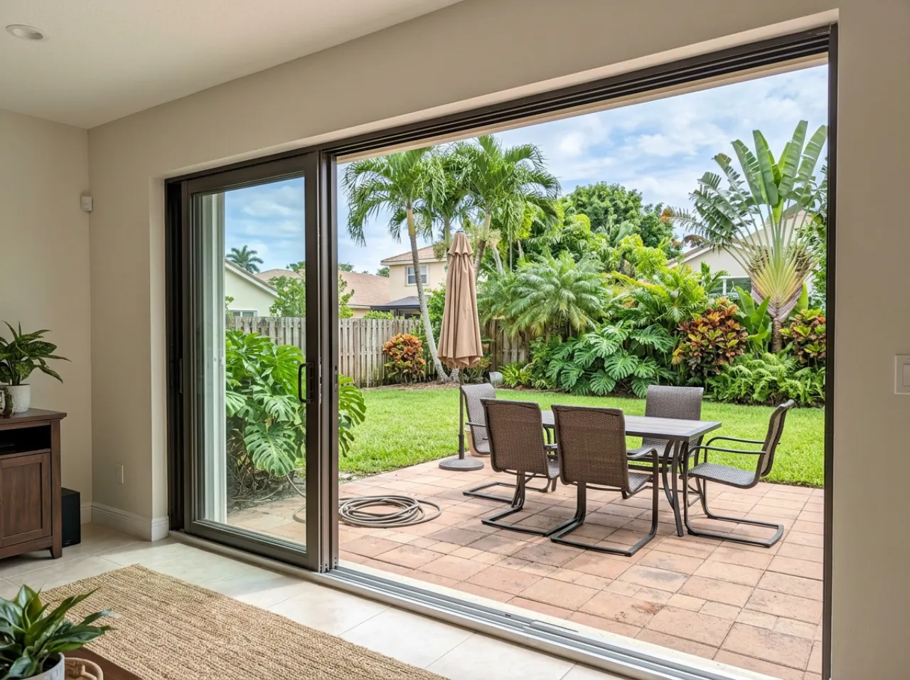 Impact sliding glass door open to a backyard patio in South Florida