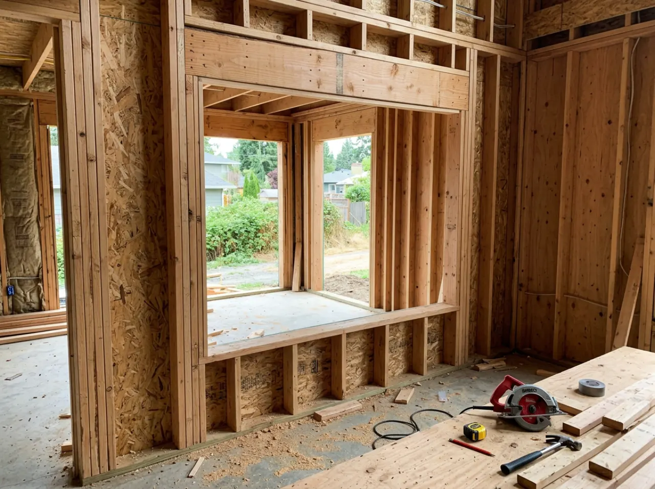 Rough framed opening for a large new window during a South Florida renovation