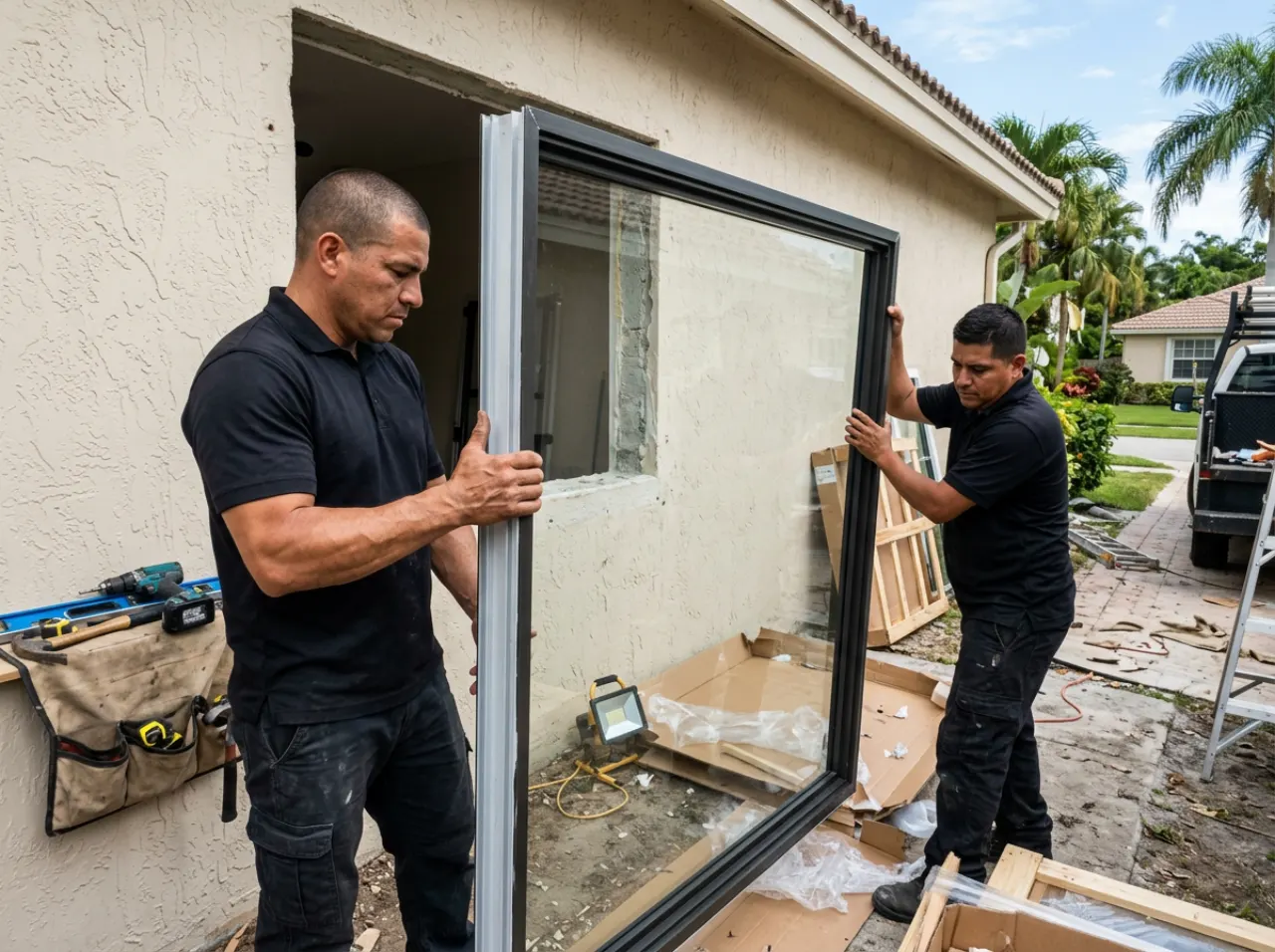 Two installers lifting a large impact window into a stucco home in South Florida