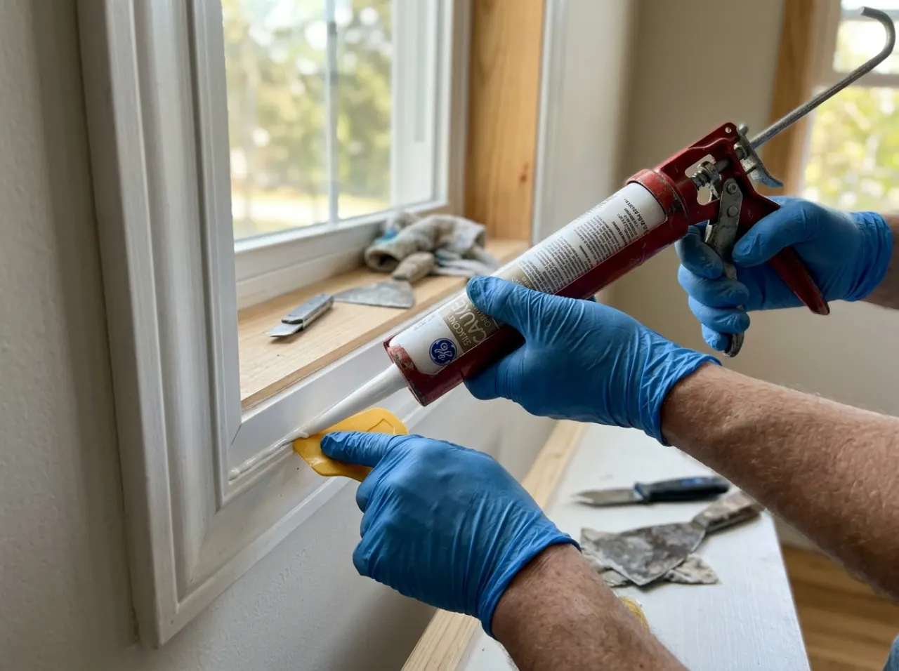 Technician repairing a window seal and hardware on a South Florida home