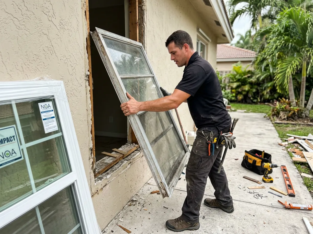 Old window being replaced with a new impact window in a South Florida home